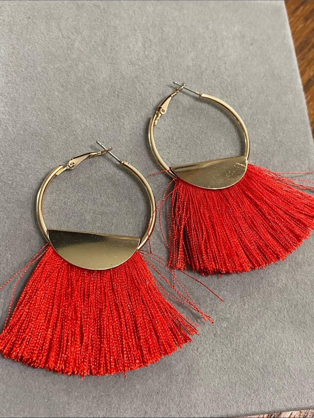 Gold Hoop Earrings with Red Fringe Tassels